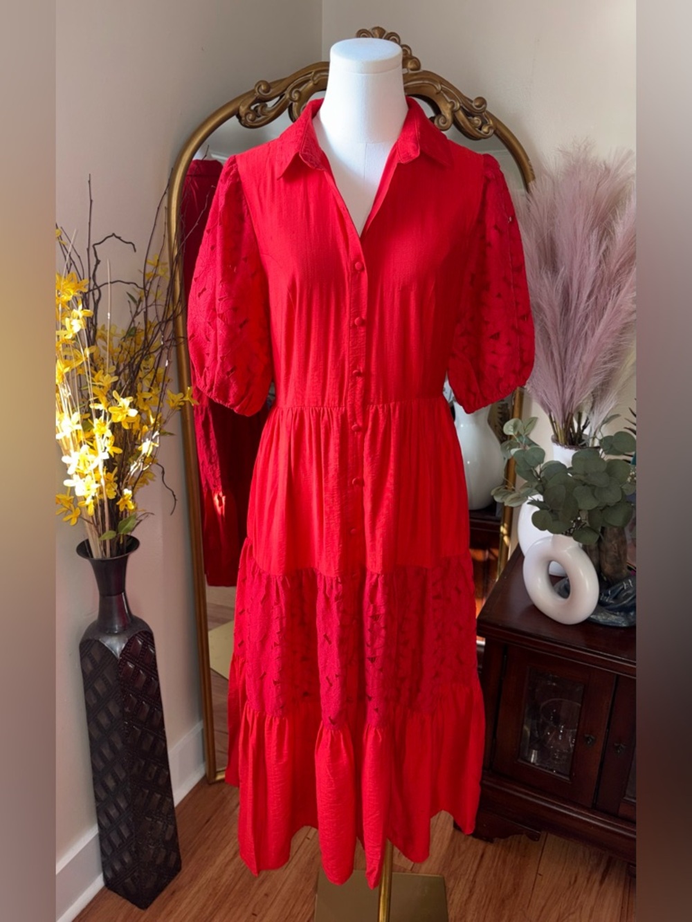 Jealous Tomato Red Button-Front Tiered Midi Dress NWOT